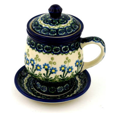 Polish Pottery Brewing Mug 10 oz Blue Daisy Circle
