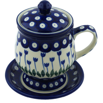 Polish Pottery Brewing Mug 10 oz Blue Tulip Peacock