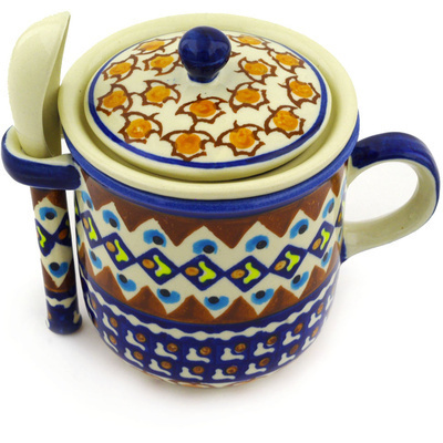 Polish Pottery Brewing Mug with Spoon 10 oz Golden Leaves UNIKAT