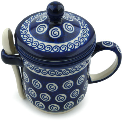 Polish Pottery Brewing Mug with Spoon 12 oz Cobalt Swirl