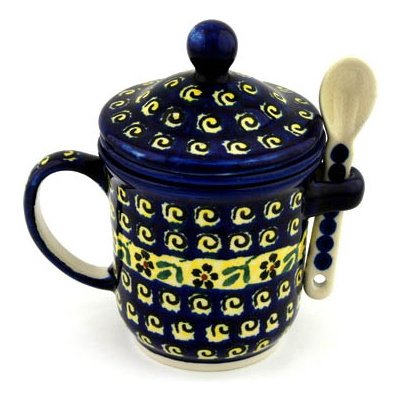 Polish Pottery Brewing Mug with Spoon 12 oz Stargazer Fields