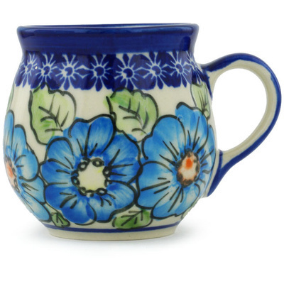 Polish Pottery Bubble Mug 10 oz Bold Blue Poppies UNIKAT