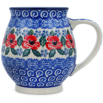 Polish Pottery Bubble Mug 15 oz Red Poppies On Blue