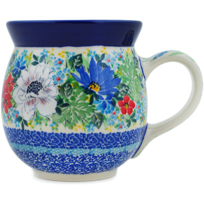 Polish Pottery Bubble Mug 16 oz White Anemone Flowers UNIKAT