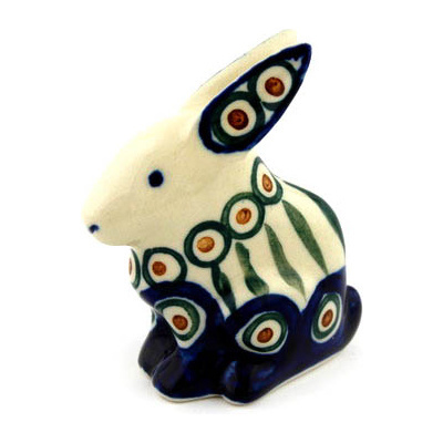 Polish Pottery Bunny Figurine 3&quot; Peacock Leaves