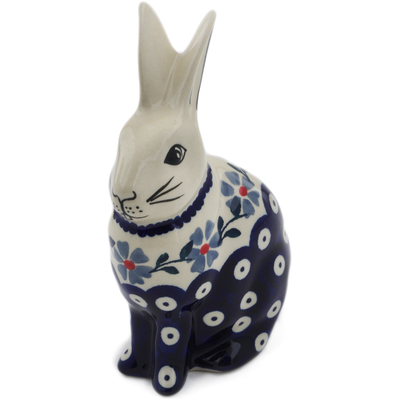 Polish Pottery Bunny Figurine 6&quot; Peacock Forget-me-not