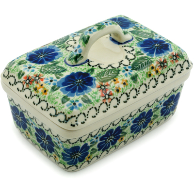 Polish Pottery Butter box Bright Blue Pansy UNIKAT