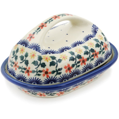 Polish Pottery Butter Dish 3&quot; Red Sunflower