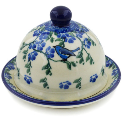 Polish Pottery Butter Dish 4&quot; Baby Blue Bird