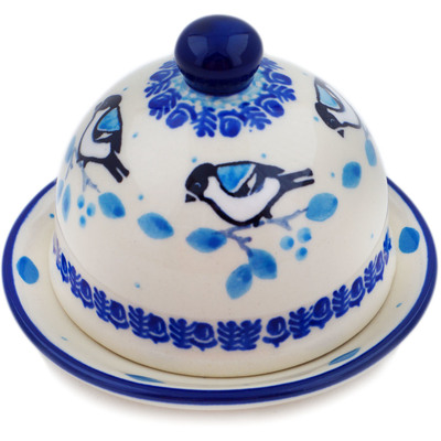 Polish Pottery Butter Dish 4&quot; Winter Sparrow