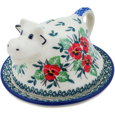 Polish Pottery Butter Dish 5&quot; Red Pansy