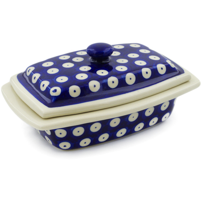 Polish Pottery Butter Dish 6&quot; Blue Eyed Peacock