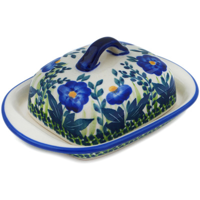 Polish Pottery Butter Dish 6&quot; Blue Fields UNIKAT