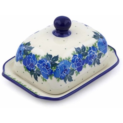 Polish Pottery Butter Dish 6&quot; Blue Rose