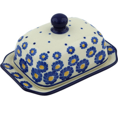Polish Pottery Butter Dish 6&quot; Blue Zinnia
