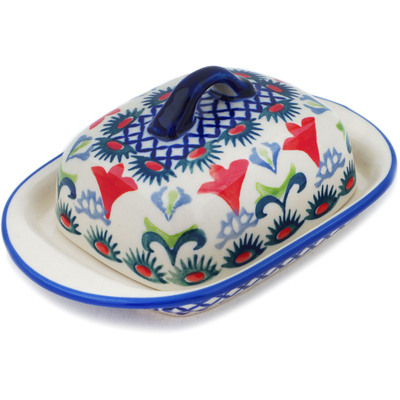 Polish Pottery Butter Dish 6&quot; Botanical Garden UNIKAT