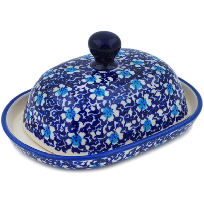 Polish Pottery Butter Dish 6&quot; Flowers On The Lake