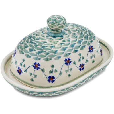 Polish Pottery Butter Dish 6&quot; Lucky Blue Clover