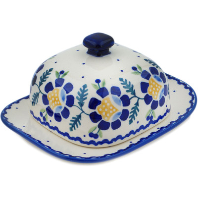 Polish Pottery Butter Dish 6&quot; Orange And Blue Flower