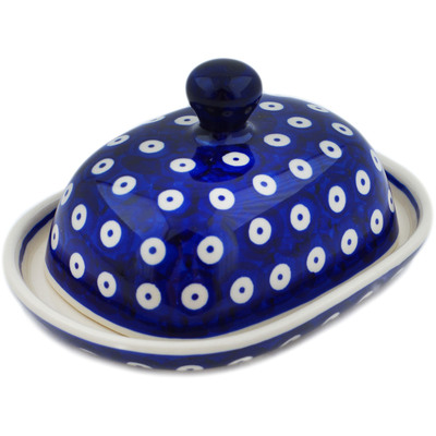 Polish Pottery Butter Dish 6&quot; Peacock Eyes