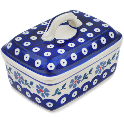 Polish Pottery Butter Dish 6&quot; Peacock Forget-me-not