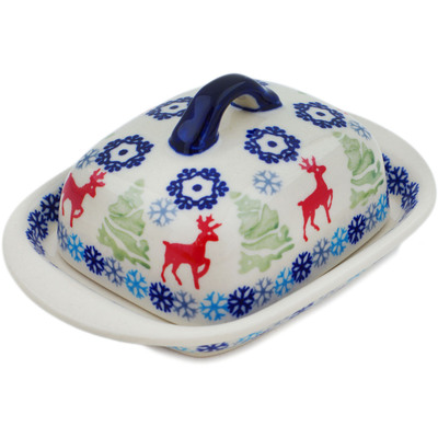 Polish Pottery Butter Dish 6&quot; Ring Around The Reindeer