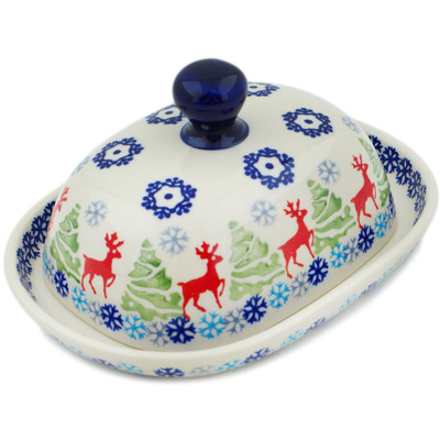 Polish Pottery Butter Dish 6&quot; Ring Around The Reindeer