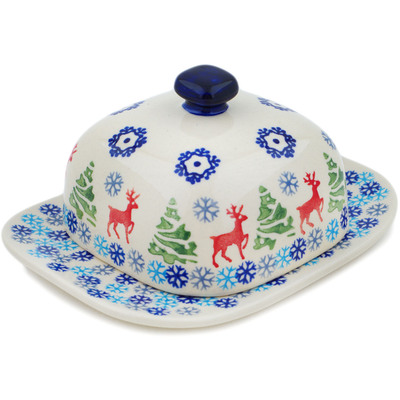 Polish Pottery Butter Dish 6&quot; Ring Around The Reindeer
