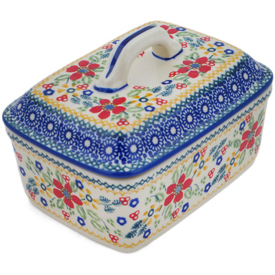 Polish Pottery Butter Dish 6&quot; Ruby Bouquet UNIKAT