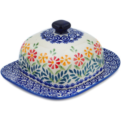 Polish Pottery Butter Dish 6&quot; Wave Of Flowers