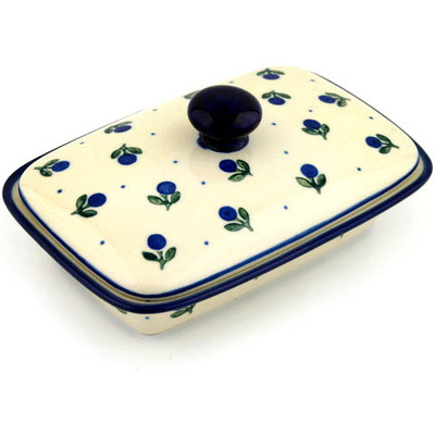 Polish Pottery Butter Dish 7&quot; Blue Buds