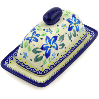 Polish Pottery Butter Dish 7&quot; Blue Clematis
