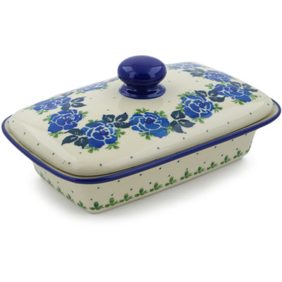 Polish Pottery Butter Dish 7&quot; Blue Rose
