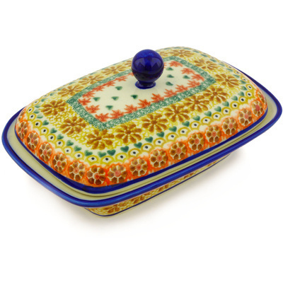 Polish Pottery Butter Dish 7&quot; Fall Leaves