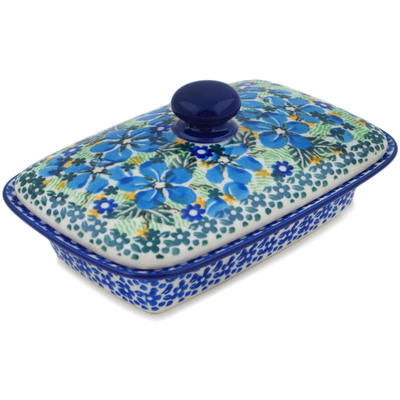 Polish Pottery Butter Dish 7&quot; Floral Blue Dreams UNIKAT