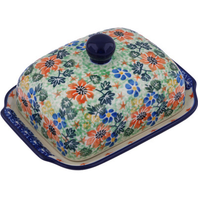 Polish Pottery Butter Dish 7&quot; Floral Country UNIKAT