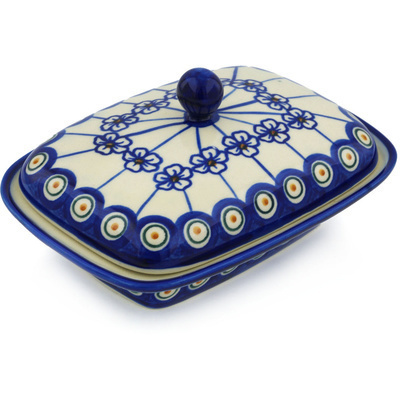 Polish Pottery Butter Dish 7&quot; Flowering Peacock