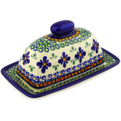Polish Pottery Butter Dish 7&quot; Gingham Flowers