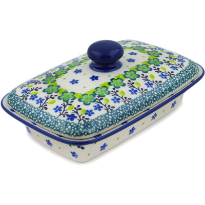 Polish Pottery Butter Dish 7&quot; Green Chrysanthemums UNIKAT