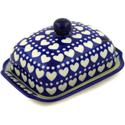 Polish Pottery Butter Dish 7&quot; Heart To Heart