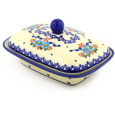 Polish Pottery Butter Dish 7&quot; Hearts And Flowers