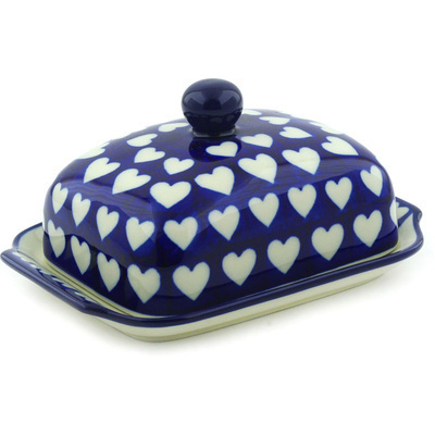 Polish Pottery Butter Dish 7&quot; Hypnotic Hearts