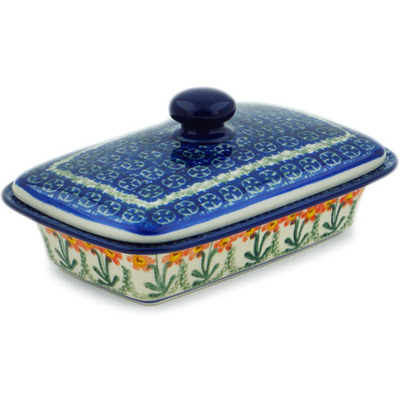 Polish Pottery Butter Dish 7&quot; Peach Spring Daisy