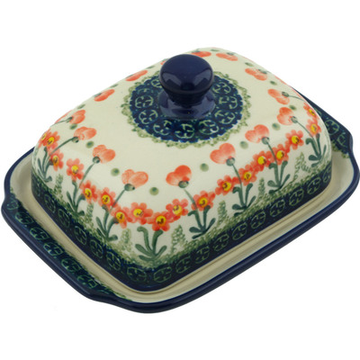 Polish Pottery Butter Dish 7&quot; Peach Spring Daisy
