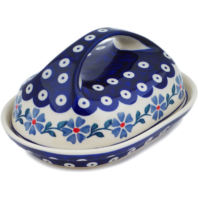 Polish Pottery Butter Dish 7&quot; Peacock Forget-me-not