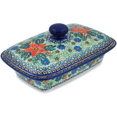 Polish Pottery Butter Dish 7&quot; Red Jackmanii UNIKAT