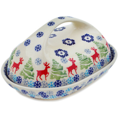 Polish Pottery Butter Dish 7&quot; Ring Around The Reindeer