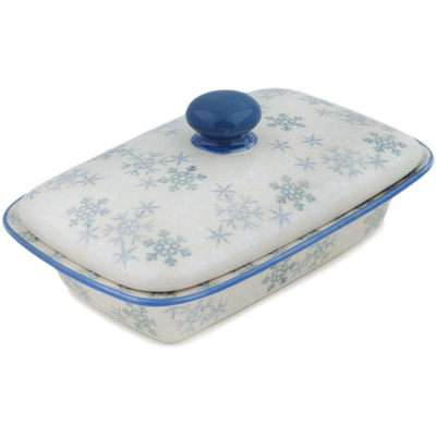 Polish Pottery Butter Dish 7&quot; Silver Snow Fall UNIKAT