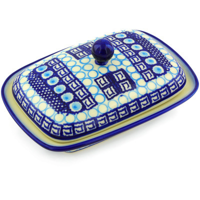 Polish Pottery Butter Dish 7&quot; Tribal Blue