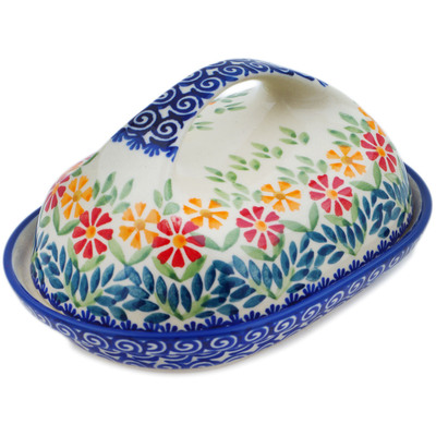 Polish Pottery Butter Dish 7&quot; Wave Of Flowers